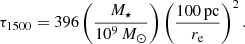 Mathematical equation: $$ \begin{aligned} \tau _{1500} = 396 \left(\frac{M_\star }{10^9\,{M}_{\odot }}\right) \left(\frac{100\,\mathrm{pc}}{r_{\rm e}}\right)^{2}. \end{aligned} $$