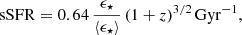 Mathematical equation: $$ \begin{aligned} \mathrm{sSFR} = 0.64\, \frac{\epsilon _\star }{\langle \epsilon _\star \rangle }\,(1+z)^{3/2}\, \mathrm{Gyr}^{-1}, \end{aligned} $$