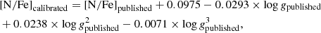 Mathematical equation: $$ \begin{aligned}&\mathrm{[N/Fe]}_{\mathrm{calibrated}}=\mathrm{[N/Fe]}_{\mathrm{published}} + 0.0975 -0.0293 \times \mathrm{log}\,g_{\mathrm{published}} \nonumber \\& +0.0238 \times \mathrm{log}\,g_{\mathrm{published}}^2 -0.0071\times \mathrm{log}\,g_{\mathrm{published}}^3, \end{aligned} $$