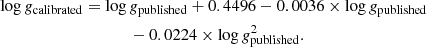 Mathematical equation: $$ \begin{aligned}&\mathrm{log}\,g_{\mathrm{calibrated}}=\mathrm{log}\,g_{\mathrm{published}} + 0.4496 - 0.0036 \times \mathrm{log}\,g_{\mathrm{published}} \nonumber \\& \qquad \qquad \qquad \qquad \qquad -0.0224 \times \mathrm{log}\,g_{\mathrm{published}}^2. \end{aligned} $$