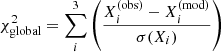 Mathematical equation: $$ \begin{aligned} \chi ^2_{\rm global}=\sum ^3_i\left(\frac{X_i^\mathrm{(obs)} -X_i^\mathrm{(mod)} }{\sigma (X_i)}\right) \end{aligned} $$