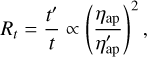 Mathematical equation: ${R_t} = {{{t^\prime }} \over t} \propto {\left( {{{{\eta _{{\rm{ap}}}}} \over {\eta _{{\rm{ap}}}^\prime }}} \right)^2}$