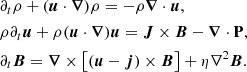 Mathematical equation: $$ \begin{aligned}&\partial _t \rho +(\boldsymbol{u}\cdot \boldsymbol{\nabla })\rho = -\rho \boldsymbol{\nabla }\cdot \boldsymbol{u}, \nonumber \\&\rho \partial _t\boldsymbol{u}+\rho (\boldsymbol{u}\cdot \boldsymbol{\nabla })\boldsymbol{u}= \boldsymbol{J}\times \boldsymbol{B} -\boldsymbol{\nabla }\cdot \mathbf P , \\&\partial _t\boldsymbol{B}= \boldsymbol{\nabla }\times \left[(\boldsymbol{u}-\boldsymbol{j})\times \boldsymbol{B}\right] +\eta \nabla ^2\boldsymbol{B}. \nonumber \end{aligned} $$