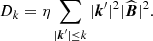 Mathematical equation: $$ \begin{aligned} D_{k}&=\eta \sum _{|\boldsymbol{k}^\prime |\le k} |\boldsymbol{k}^\prime |^{2}|\widehat{\boldsymbol{B}}|^{2}. \end{aligned} $$