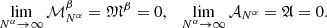 $$ \begin{aligned} \lim \limits _{N^\alpha \rightarrow \infty } \mathcal{M} ^\beta _{N^\alpha }={\mathfrak{M} }^\beta =0, \ \ \ \lim \limits _{N^\alpha \rightarrow \infty } \mathcal{A} _{N^\alpha }={\mathfrak{A} }=0. \end{aligned} $$