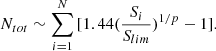 Mathematical equation: $$ \begin{aligned} N_{tot} \sim \sum _{i=1}^N {[1.44(\frac{S_i}{S_{lim}})^{1/p} -1]}. \end{aligned} $$