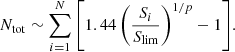 Mathematical equation: $$ \begin{aligned} N_{\rm tot} \sim \sum _{i=1}^N {\left[1.44\left(\frac{S_i}{S_{\rm lim}}\right)^{1/p} -1\right]}. \end{aligned} $$