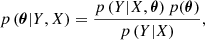 Mathematical equation: $$ \begin{aligned} p \left(\boldsymbol{\theta } | Y, X \right) = \frac{p \left( Y | X, \boldsymbol{\theta } \right) p( \boldsymbol{\theta })}{p \left( Y | X \right)} ,\end{aligned} $$
