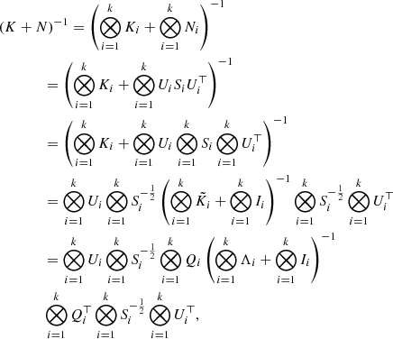 Mathematical equation: $$ \begin{aligned}&\left(K + N \right)^{-1} =\left(\bigotimes _{i=1}^{k}K_i + \bigotimes _{i=1}^{k}N_i \right)^{-1} \nonumber \\&\qquad \qquad = \left( \bigotimes _{i=1}^{k}K_i + \bigotimes _{i=1}^{k}U_iS_iU_i^\top \right)^{-1} \nonumber \\&\qquad \qquad = \left(\bigotimes _{i=1}^{k}K_i + \bigotimes _{i=1}^{k}U_i \bigotimes _{i=1}^{k}S_i \bigotimes _{i=1}^{k}U_i^\top \right)^{-1} \nonumber \\&\qquad \qquad =\bigotimes _{i=1}^{k}U_i \bigotimes _{i=1}^{k}S_i^{-\frac{1}{2}} \left(\bigotimes _{i=1}^{k}\tilde{K_i} + \bigotimes _{i=1}^{k} I_i \right)^{-1} \bigotimes _{i=1}^{k}S_i^{-\frac{1}{2}} \bigotimes _{i=1}^{k}U_i^\top \nonumber \\&\qquad \qquad =\bigotimes _{i=1}^{k}U_i \bigotimes _{i=1}^{k}S_i^{-\frac{1}{2}}\bigotimes _{i=1}^{k}Q_i \left( \bigotimes _{i=1}^{k}\Lambda _i + \bigotimes _{i=1}^{k} I_i \right)^{-1} \nonumber \\&\qquad \qquad \bigotimes _{i=1}^{k}Q_i^\top \bigotimes _{i=1}^{k}S_i^{-\frac{1}{2}} \bigotimes _{i=1}^{k}U_i^\top , \end{aligned} $$