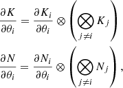 Mathematical equation: $$ \begin{aligned}&\frac{\partial K}{\partial \theta _i} = \frac{\partial K_i}{\partial \theta _i}\otimes \left( \bigotimes _{j \ne i} K_j \right)\nonumber \\&\frac{\partial N}{\partial \theta _i} = \frac{\partial N_i}{\partial \theta _i}\otimes \left( \bigotimes _{j \ne i}N_j \right), \end{aligned} $$