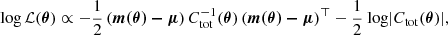 Mathematical equation: $$ \begin{aligned} \log \mathcal{L} (\boldsymbol{\theta }) \propto -\frac{1}{2} \left(\boldsymbol{m(\theta ) - \mu } \right) C^{-1}_{\mathrm{tot}}(\boldsymbol{\theta }) \left(\boldsymbol{m(\theta ) - \mu } \right)^\top -\frac{1}{2} \text{ log} |C_{\mathrm{tot}}(\boldsymbol{\theta })| , \end{aligned} $$