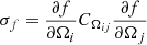 Mathematical equation: $ \sigma_f = \frac{\partial f}{\partial \Omega_i} C_{{\Omega}_{ij}} \frac{\partial f}{\partial \Omega_j} $