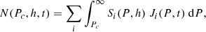 Mathematical equation: $$ \begin{aligned} N(P_{c},h,t)=\sum _{i}\int _{P_{c}}^{\infty }S_{i}(P,h)\ J_{i}(P,t)\ \mathrm{d}P, \end{aligned} $$