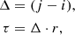Mathematical equation: $$ \begin{aligned} \begin{aligned} \Delta&=(j-i) ,\\ \tau&= \Delta \cdot r , \end{aligned} \end{aligned} $$