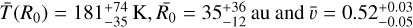 Mathematical equation: $\bar T\left( {{R_0}} \right) = 181_{ - 35}^{ + 74}{\rm{K}},{\bar R_0} = 35_{ - 12}^{ + 36}{\rm{ au and }}\bar v = 0.52_{ - 0.05}^{ + 0.03}$