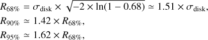 Mathematical equation: $\eqalign{ & {R_{68\% }} = {\sigma _{{\rm{disk }}}} \times \sqrt { - 2 \times \ln (1 - 0.68)} \simeq 1.51 \times {\sigma _{{\rm{disk }}}}, \cr & {R_{90\% }} \simeq 1.42 \times {R_{68\% }}, \cr & {R_{95\% }} \simeq 1.62 \times {R_{68\% }}, \cr} $
