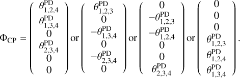 ${{\rm{\Phi }}_{{\rm{CP}}}}\, = \,\left( {\matrix{ {\theta _{1,2,4}^{{\rm{PD}}}} \cr {\theta _{1,3,4}^{{\rm{PD}}}} \cr 0 \cr {\theta _{2,3,4}^{{\rm{PD}}}} \cr 0 \cr 0 \cr } } \right)\,{\rm{or}}\,\left( {\matrix{ {\theta _{1,2,3}^{{\rm{PD}}}} \cr 0 \cr { - \theta _{1,3,4}^{{\rm{PD}}}} \cr 0 \cr { - \theta _{2,3,4}^{{\rm{PD}}}} \cr 0 \cr } } \right)\,{\rm{or}}\,\left( {\matrix{ 0 \cr { - \theta _{1,2,3}^{{\rm{PD}}}} \cr { - \theta _{1,2,4}^{{\rm{PD}}}} \cr 0 \cr 0 \cr {\theta _{2,3,4}^{{\rm{PD}}}} \cr } } \right)\,{\rm{or}}\,\left( {\matrix{ 0 \cr 0 \cr 0 \cr {\theta _{1,2,3}^{{\rm{PD}}}} \cr {\theta _{1,2,4}^{{\rm{PD}}}} \cr {\theta _{1,3,4}^{{\rm{PD}}}} \cr } } \right).$
