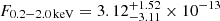 Mathematical equation: $ F_{\mathrm{0.2-2.0\,keV}} = 3.12_{-3.11}^{+1.52} \times 10^{-13} $