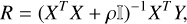 Mathematical equation: $R = {\left( {{X^T}X + \rho } \right)^{ - 1}}{X^T}Y$