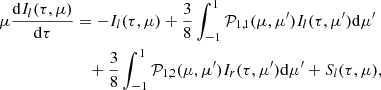 Mathematical equation: $$ \begin{aligned} \mu \frac{\mathrm{d}I_{l} (\tau , \mu )}{\mathrm{d}\tau }&= -I_{l} (\tau , \mu ) + \frac{3}{8}\int ^{1}_{-1} \mathcal{P} _{1,1}(\mu ,\mu ^{\prime })I_{l}(\tau , \mu ^{\prime }) \mathrm{d}\mu ^{\prime } \nonumber \\&\quad + \frac{3}{8}\int ^{1}_{-1} \mathcal{P} _{1,2}(\mu ,\mu ^{\prime })I_{r}(\tau , \mu ^{\prime }) \mathrm{d}\mu ^{\prime } + S_{l} (\tau , \mu ), \end{aligned} $$