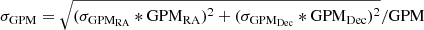 Mathematical equation: $ \sigma_{\mathrm{GPM}}=\sqrt{(\sigma_{\mathrm{GPM}_{\mathrm{RA}}}*\mathrm{GPM}_{\mathrm{RA}})^2 + (\sigma_{\mathrm{GPM}_{\mathrm{Dec}}}*\mathrm{GPM}_{\mathrm{Dec}})^2}/\mathrm{GPM} $