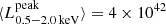 Mathematical equation: $ \langle L_{0.5{-}2.0\,\mathrm{keV}}^{\mathrm{peak}}\rangle =4\times10^{42} $