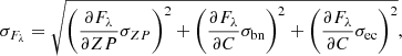 Mathematical equation: $$ \begin{aligned} \sigma _{F_{\lambda }}=\sqrt{\left(\frac{\partial F_{\lambda }}{\partial ZP}\sigma _{ZP}\right)^2+\left(\frac{\partial F_{\lambda }}{\partial C}\sigma _{\rm bn}\right)^2+\left(\frac{\partial F_{\lambda }}{\partial C}\sigma _{\rm ec}\right)^2}, \end{aligned} $$