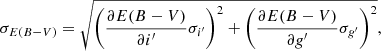 Mathematical equation: $$ \begin{aligned} \sigma _{E(B-V)}=\sqrt{\left(\frac{\partial E(B-V)}{\partial i^\prime }\sigma _{i^\prime }\right)^2+\left(\frac{\partial E(B-V)}{\partial g^\prime }\sigma _{g^{\prime }}\right)^2}, \end{aligned} $$