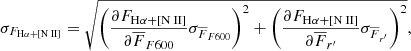 Mathematical equation: $$ \begin{aligned} \sigma _{F_{\mathrm{H}\alpha +\mathrm{[{\text{N}}{\small {\uppercase {\text{ ii}}}}]}}}=\sqrt{\left(\frac{\partial F_{\mathrm{H}\alpha +\mathrm{[{\text{N}}{\small {\uppercase {\text{ ii}}}}]}}}{\partial \overline{F}_{F600}}\sigma _{\overline{F}_{F600}}\right)^2+\left(\frac{\partial F_{\mathrm{H}\alpha +\mathrm{[{\text{N}}{\small {\uppercase {\text{ ii}}}}]}}}{\partial \overline{F}_{r^\prime }}\sigma _{\overline{F}_{r^\prime }}\right)^2}, \end{aligned} $$