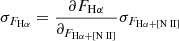 Mathematical equation: $$ \begin{aligned} \sigma _{F_{\mathrm{H}\alpha }}=\frac{\partial F_{\mathrm{H}\alpha }}{\partial _{F_{\mathrm{H}\alpha +[{\text{N}}{\small {\uppercase {\text{ ii}}}}]}}}\sigma _{F_{\mathrm{H}\alpha +[{\text{N}}{\small {\uppercase {\text{ ii}}}}]}} \end{aligned} $$