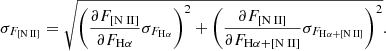 Mathematical equation: $$ \begin{aligned} \sigma _{F_{\rm [{\text{N}}{\small {\uppercase {\text{ ii}}}}]}}=\sqrt{\left(\frac{\partial F_{\rm [{\text{N}}{\small {\uppercase {\text{ ii}}}}]}}{\partial F_{\mathrm{H}\alpha }}\sigma _{F_{\mathrm{H}\alpha }}\right)^2+\left(\frac{\partial F_{\rm [{\text{N}}{\small {\uppercase {\text{ ii}}}}]}}{\partial {F_{\mathrm{H}\alpha +\mathrm{[{\text{N}}{\small {\uppercase {\text{ ii}}}}]}}}}\sigma _{F_{\mathrm{H}\alpha +\mathrm{[{\text{N}}{\small {\uppercase {\text{ ii}}}}]}}}\right)^2}. \end{aligned} $$
