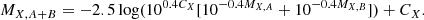 $$ \begin{aligned} M_{X,A+B}=-2.5 \log (10^{0.4 C_X} [10^{-0.4 M_{X,A}}+10^{-0.4 M_{X,B}}]) + C_X. \end{aligned} $$