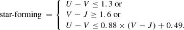 $$ \begin{aligned} {\text{ star-forming}}\ = {\left\{ \begin{array}{ll} U-V \le 1.3\ \mathrm {or} \\ V-J \ge 1.6\ \mathrm {or} \\ U-V \le 0.88\times (V-J)+0.49. \\ \end{array}\right.} \end{aligned} $$