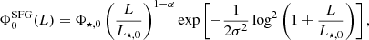$$ \begin{aligned} \Phi _{0}^\mathrm{SFG} (L) = \Phi _{\star ,0}\left(\frac{L}{L_{\star ,0}}\right)^{1-\alpha }\exp \left[-\frac{1}{2\sigma ^2}\log ^2\left(1+\frac{L}{L_{\star ,0}}\right)\right], \end{aligned} $$
