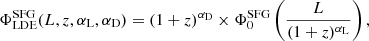 $$ \begin{aligned} \Phi ^\mathrm{SFG}_{\rm LDE}(L, z, \alpha _{\rm L}, \alpha _{\rm D}) = (1+z)^{\alpha _{\rm D}}\times \Phi _{0}^\mathrm{SFG}\left(\frac{L}{(1+z)^{\alpha _{\rm L}}}\right), \\ \end{aligned} $$