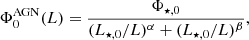 $$ \begin{aligned} \Phi _{0}^\mathrm{AGN} (L) = \frac{\Phi _{\star ,0}}{(L_{\star ,0}/L)^{\alpha }+(L_{\star ,0}/L)^{\beta }}, \end{aligned} $$