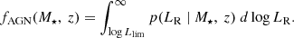 $$ \begin{aligned} f_{\rm AGN}(M_{\star },\ z) = \int _{{\log L_{\rm lim}}}^{\infty }p(L_{\rm R}\ |\ M_{\star },\ z)\ d \log L_{\rm R}. \end{aligned} $$