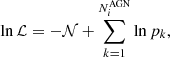 $$ \begin{aligned} \ln \mathcal{L} = - \mathcal{N} + \sum _{k = 1}^{N_i^\mathrm{AGN}} \ln p_k, \end{aligned} $$