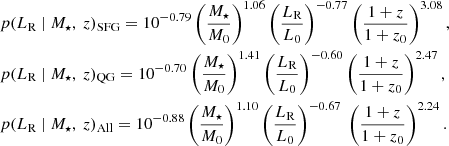 $$ \begin{aligned}&p(L_{\rm R}\ |\ M_{\star },\ z)_{\rm SFG} = 10^{-0.79} \left(\frac{M_{\star }}{M_0}\right)^{1.06} \left(\frac{L_{\rm R}}{L_0}\right)^{-0.77} \left(\frac{1+z}{1+z_0}\right)^{3.08},\nonumber \\&p(L_{\rm R}\ |\ M_{\star },\ z)_{\rm QG} = 10^{-0.70} \left(\frac{M_{\star }}{M_0}\right)^{1.41} \left(\frac{L_{\rm R}}{L_0}\right)^{-0.60} \left(\frac{1+z}{1+z_0}\right)^{2.47},\nonumber \\&p(L_{\rm R}\ |\ M_{\star },\ z)_{\rm All} = 10^{-0.88} \left(\frac{M_{\star }}{M_0}\right)^{1.10} \left(\frac{L_{\rm R}}{L_0}\right)^{-0.67}\ \left(\frac{1+z}{1+z_0}\right)^{2.24}. \end{aligned} $$