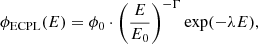 $$ \begin{aligned} \phi _{\rm ECPL}(E) = \phi _0 \cdot \left(\frac{E}{E_0}\right)^{-\Gamma } \exp (- \lambda E) ,\end{aligned} $$