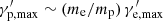 $ \gamma^\prime_{\rm p,\max} \sim (m_{\rm e}/m_{\rm p}) \, \gamma^\prime_{\rm e, max} $