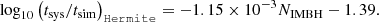 $$ \begin{aligned} \log _{10}\left({t_{\mathrm{sys} }}/{t_{\mathrm{sim} }}\right)_\mathtt{Hermite }&= -1.15\times 10^{-3} N_{\mathrm{IMBH} } - 1.39. \end{aligned} $$