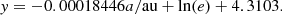 $$ \begin{aligned} { y} = - 0.00018446a/\mathrm{au} + \ln (e) + 4.3103. \end{aligned} $$