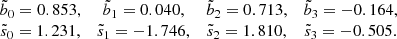 $$ \begin{aligned} \begin{array}{cccc} \tilde{b}_0 = 0.853,&\tilde{b}_1 = 0.040,&\tilde{b}_2 = 0.713,&\tilde{b}_{3} = -0.164, \\ \tilde{s}_0 = 1.231,&\tilde{s}_1 = -1.746,&\tilde{s}_2 = 1.810,&\tilde{s}_3 = -0.505. \end{array} \end{aligned} $$