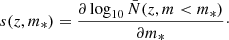 $$ \begin{aligned} s(z,m_*) = \frac{{\partial }\log _{10} \bar{N}(z,m < m_*)}{{\partial } m_*}\cdot \end{aligned} $$