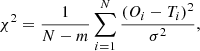 $$ \begin{aligned} \chi ^2=\frac{1}{N-m} \sum _{i=1}^{N} \frac{(O_i-T_i)^2}{\sigma ^2}, \end{aligned} $$