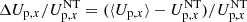 $ \Delta U_{\mathrm{p},x}/U_{{\mathrm{p},x}}^{\mathrm{NT}}=(\langle U_{\mathrm{p},x}\rangle-U_{{\mathrm{p},x}}^{\mathrm{NT}})/U_{{\mathrm{p},x}}^{\mathrm{NT}} $
