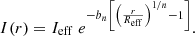 $$ \begin{aligned} I(r) = I_{\mathrm{eff} }\; e^{-b_n\left[ \left(\frac{r}{R_{\mathrm{eff} }}\right)^{1/n} - 1 \right]}. \end{aligned} $$