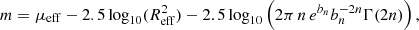 $$ \begin{aligned} m = \mu _{\mathrm{eff} } - 2.5 \log _{10}(R_{\mathrm{eff} }^2) -2.5 \log _{10}\left(2\pi \, n\, e^{b_n} b_n^{- 2n} \Gamma (2n)\right), \end{aligned} $$