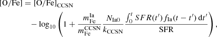 $$ \begin{aligned}{[\mathrm{O/Fe}]}&= {[\mathrm{O/Fe}]}_{\rm CCSN} \nonumber \\&\quad - \log _{10}\left( 1 + \frac{m^{\mathrm{Ia}}_{\mathrm{Fe}}}{m^{\mathrm{CCSN}}_{\mathrm{Fe}}} \frac{N_{\mathrm{Ia0}}}{k_{\rm CCSN}} \frac{\int _{0}^{t} SFR(t^\prime ) f_{\mathrm{Ia}}(t-t^\prime )\,\mathrm{d}t^\prime }{\mathrm{SFR}} \right), \end{aligned} $$